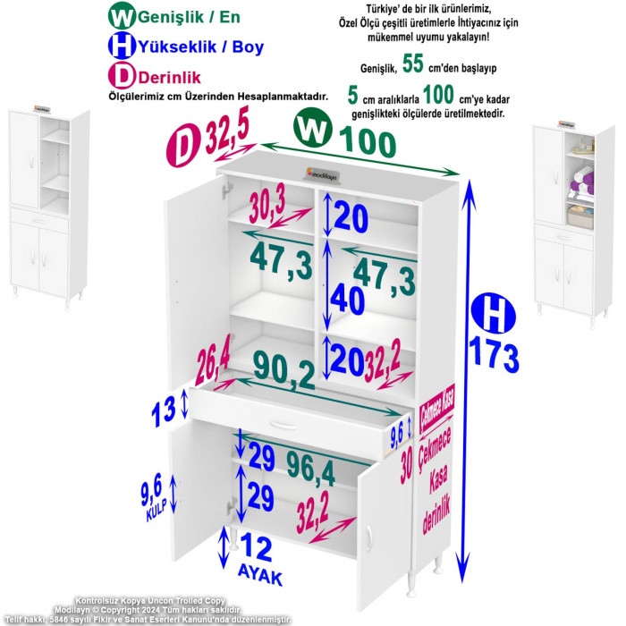 Modilayn AFRA 100x173x32,5 cm 1 Çekmece 3 Kapak 5 Raf 8 Bölme Çok Amaçlı Banyo & Mutfak Dolabı 