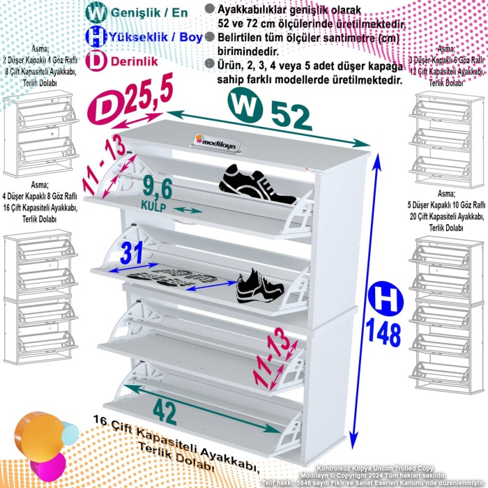 Modilayn UMAY Asma Antre Hol 52 x 148 x 25,5 cm’ lik 4 Düşer Kapak 8 Göz Bölmeli Ayakkabılık