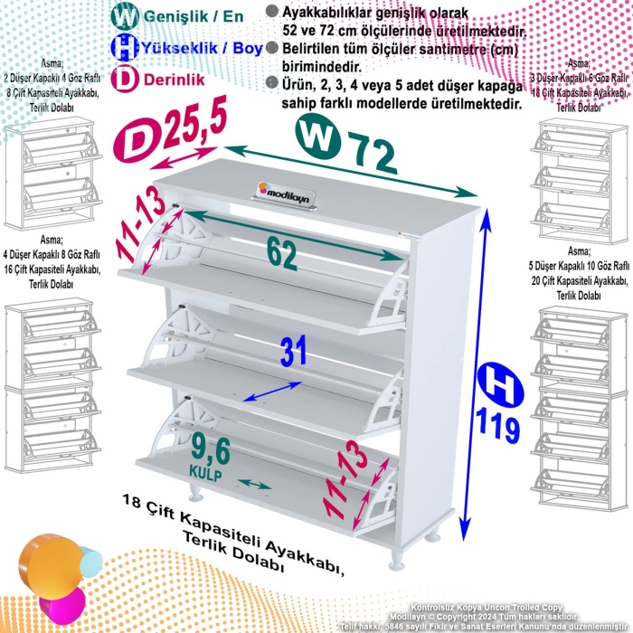 Modilayn VARBİ Antre Hol 72 x 119 x 25, 5 cm lik 3 Düşer Kapak 6 Göz Bölmeli AyakkabılıkKapak 4 Göz Bölmeli Ayakkabılık