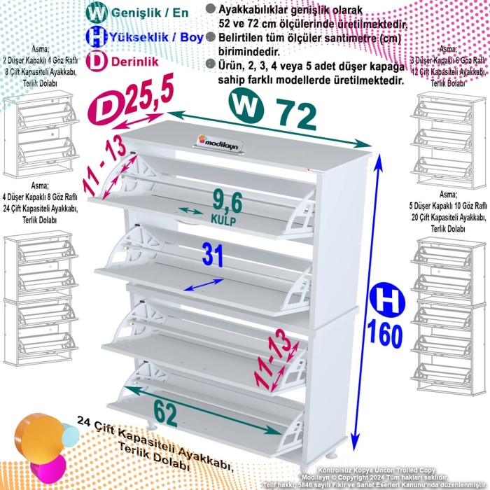 Modilayn UMAY 2 Li Antre Hol 72 x 160 x 25, 5 cm’ lik 4 Düşer Kapak 8 Göz Bölmeli Ayakkabılık