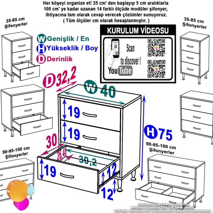 Modilayn SÖKE 3lü Çekmeceli Banyo Dolabı! 40 x 75 x 32,5 cm’ lik Çok Yönlü Kullanım Çekmeceler Sayesinde Banyonuz Daha Düzenli.