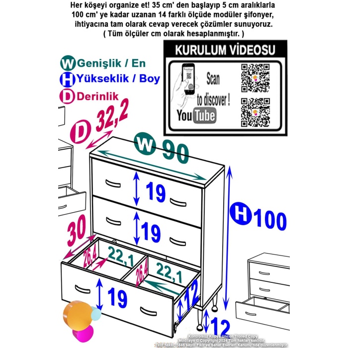 Modilayn SÖKE 90x75x32,5 cm’ lik 3 Çekmeceli 6 Gözlü Banyo Organizeri Maxi Çok Amaçlı Banyo dolabı