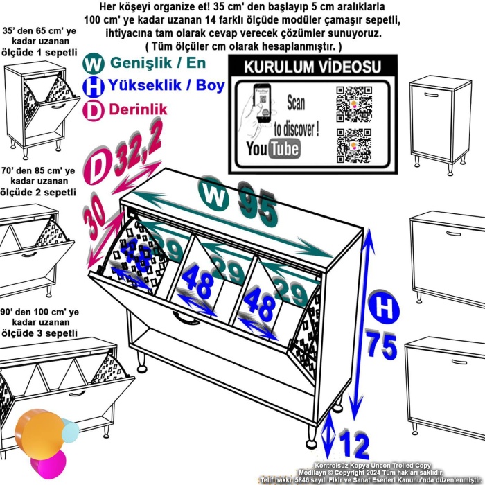 Modilayn SÖKE 95x75x32,5 cm lik Ultra Geniş 3 Çamaşır Sepet Hazneli Dolap Banyonuzun Yeni Gözdesi