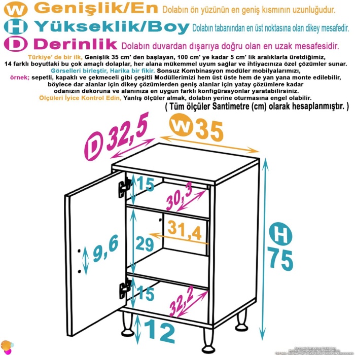 Modilayn SÖKE Küçük Alanlar İçin Akıllı Çözümler 35x75x32,5 cm’ lik 1 Kapaklı 3 Göz Raf Dolap