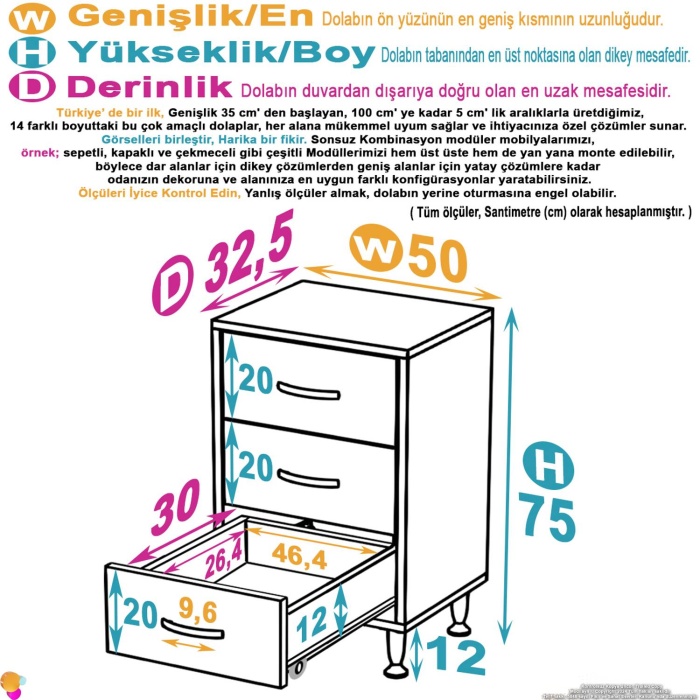 Modilayn SÖKE 3lü Çekmece Banyo Dolabı 50x75x32,5 cm’ lik Çok Yönlü Çekmecelerle Daha Düzenli