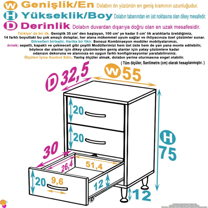 Modilayn SÖKE 3lü Çekmece Banyo Dolabı 55x75x32,5 cm’ lik Çok Yönlü Çekmecelerle Daha Düzenli