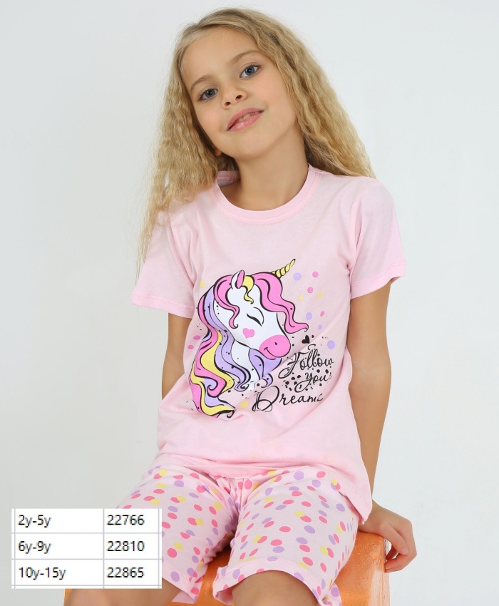 Kız Çocuk Pijama Takımı | Unicorn Desenli | Kapri ve Kısa Kollu Tshirt | 2-6 Yaş