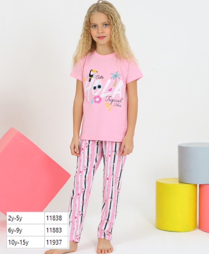 Kız Çocuk Pembe Pijama Takımı 6-9 Yaş Hola Baskılı