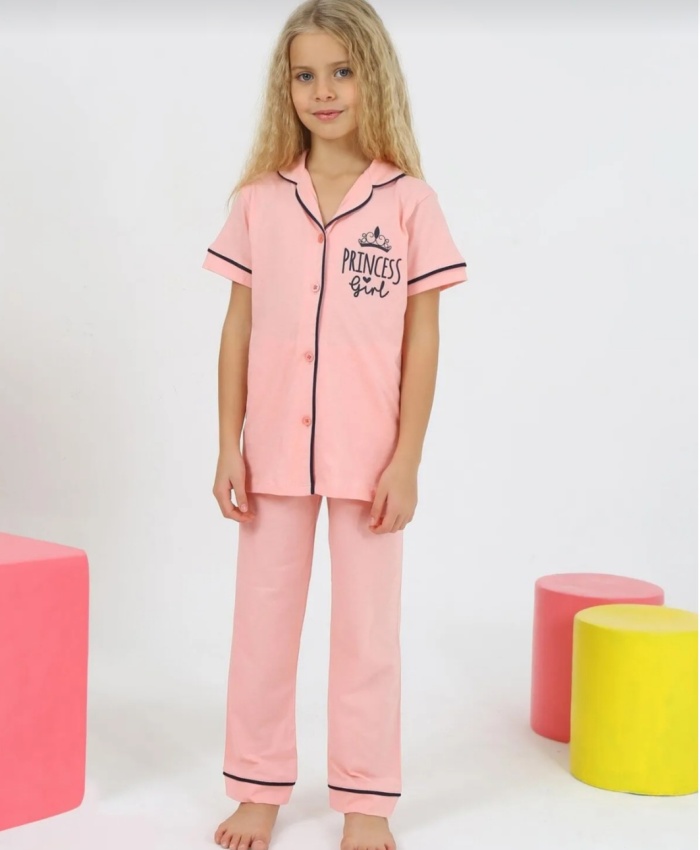 Princess Girl Baskılı Kısa Kollu Kız Çocuk Pijama Takımı | Düğmeli | 4-7 Yaş