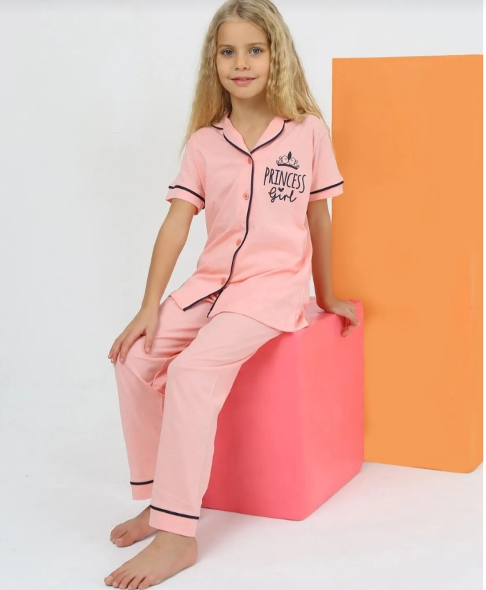 Princess Girl Baskılı Kısa Kollu Kız Çocuk Pijama Takımı | Düğmeli | 4-7 Yaş