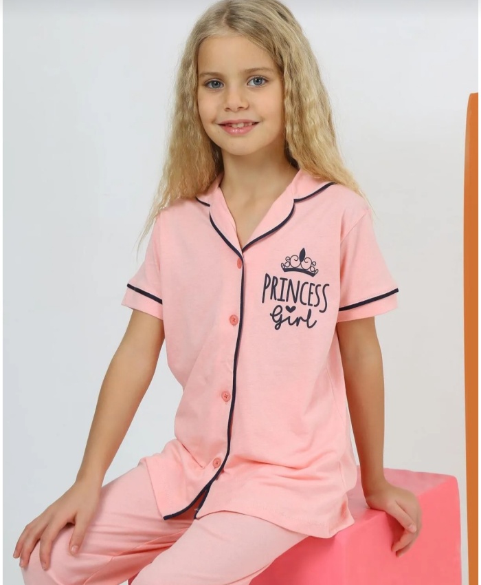 Princess Girl Baskılı Kısa Kollu Kız Çocuk Pijama Takımı | Düğmeli | 4-7 Yaş