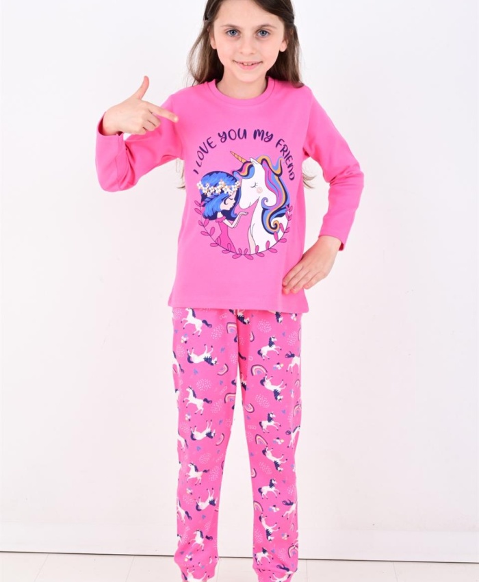 Kız çocuk unicornlu love you my frıend yazılı pamuklu pembe renk pijama tk.