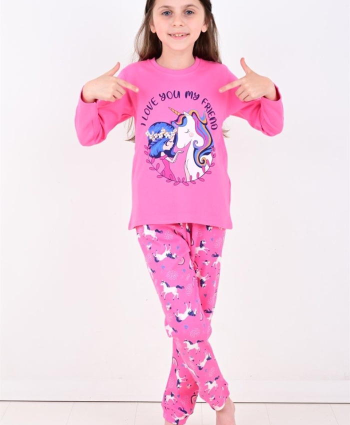 Kız çocuk unicornlu love you my frıend yazılı pamuklu pembe renk pijama tk.