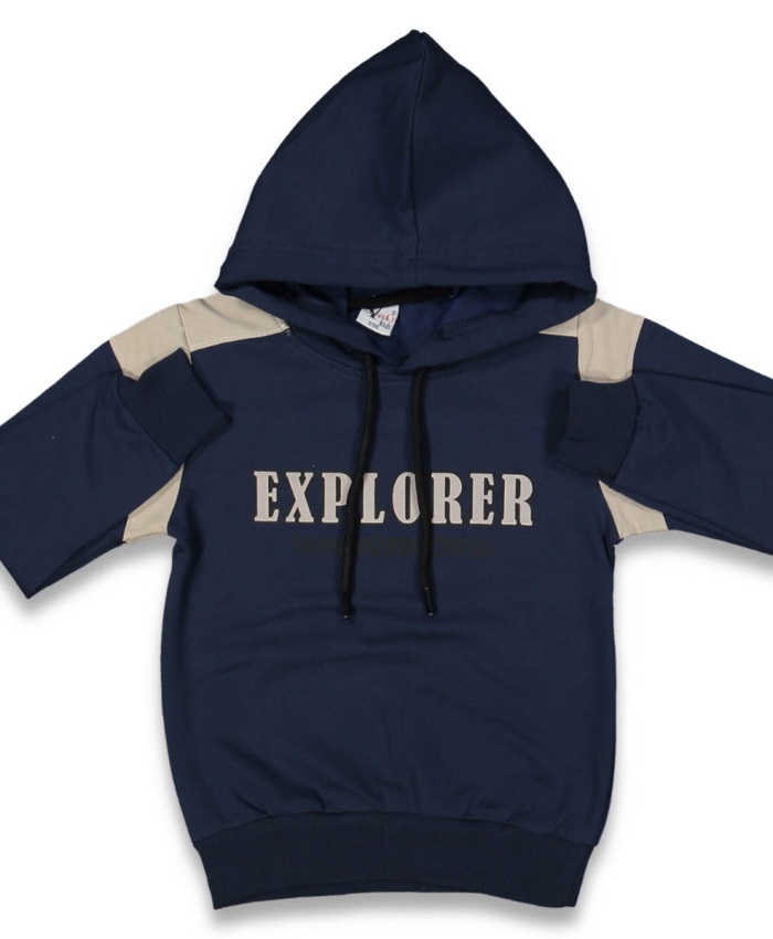 Erkek çocuk explorer yazılı kapşonlu lacivert renk sweatshirt