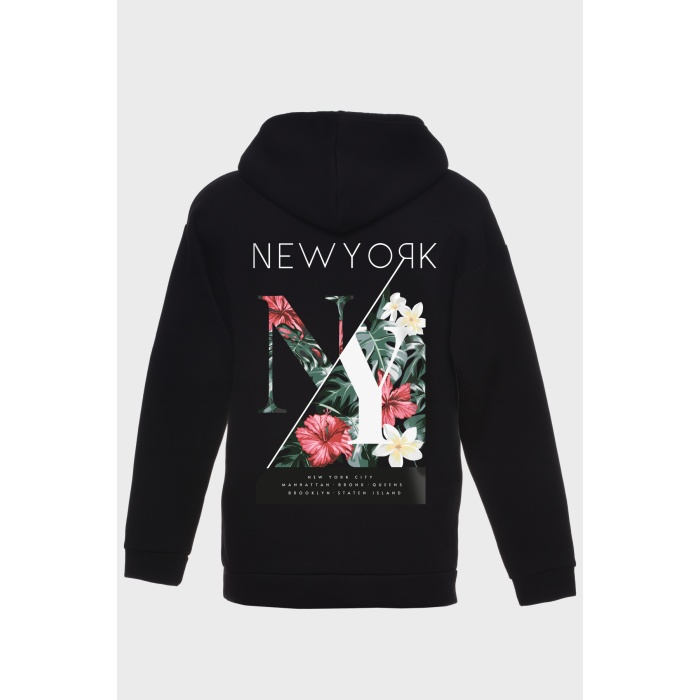 NEW YORK SIRT BASKILI  ÜÇ İPLİK SWEATSHIRT OVERSIZE HOODIE