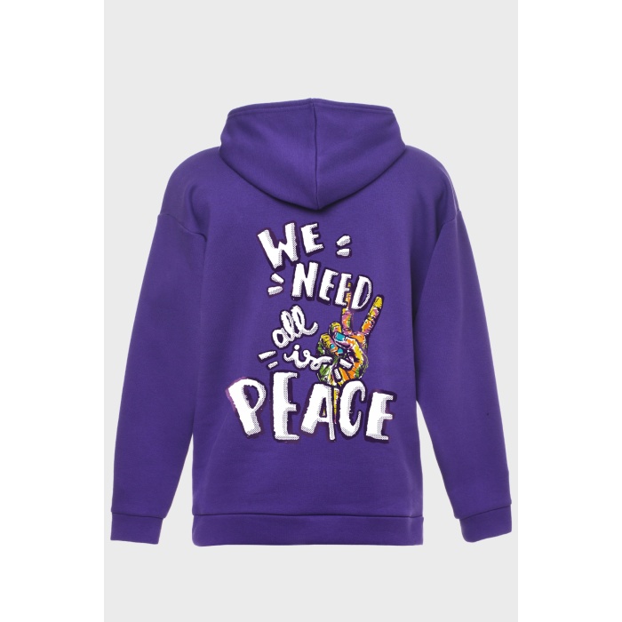 PEACE SIRT BASKILI  ÜÇ İPLİK SWEATSHIRT OVERSIZE HOODIE