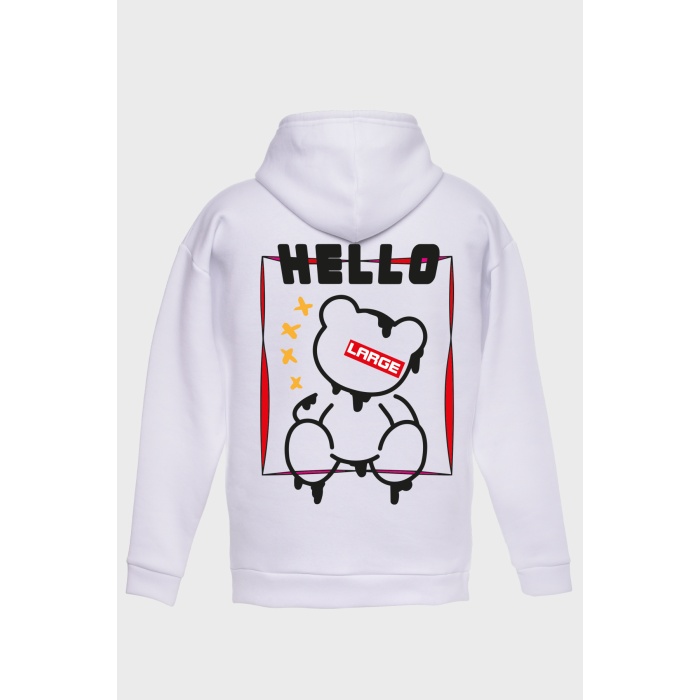 HELLO SIRT BASKILI  ÜÇ İPLİK SWEATSHIRT OVERSIZE HOODIE