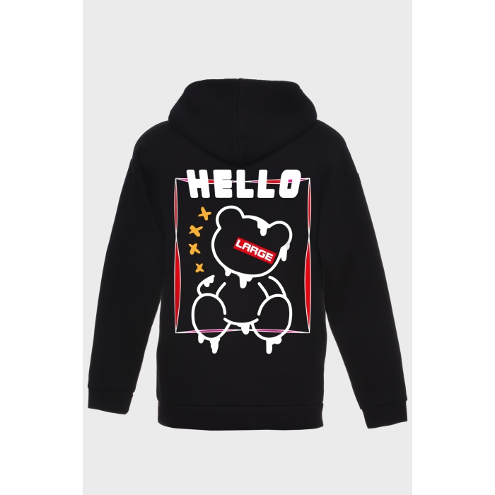 HELLO SIRT BASKILI  ÜÇ İPLİK SWEATSHIRT OVERSIZE HOODIE