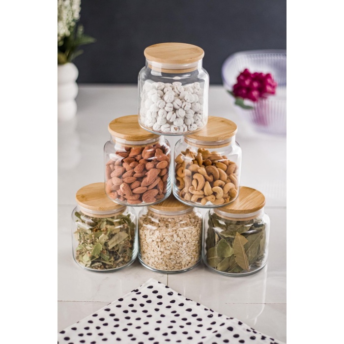 6 Lı Set Bambu Kapaklı Cam Kavanoz & Baharat Takımı & Baharatlık 500 ML ( Vakum Kapak )