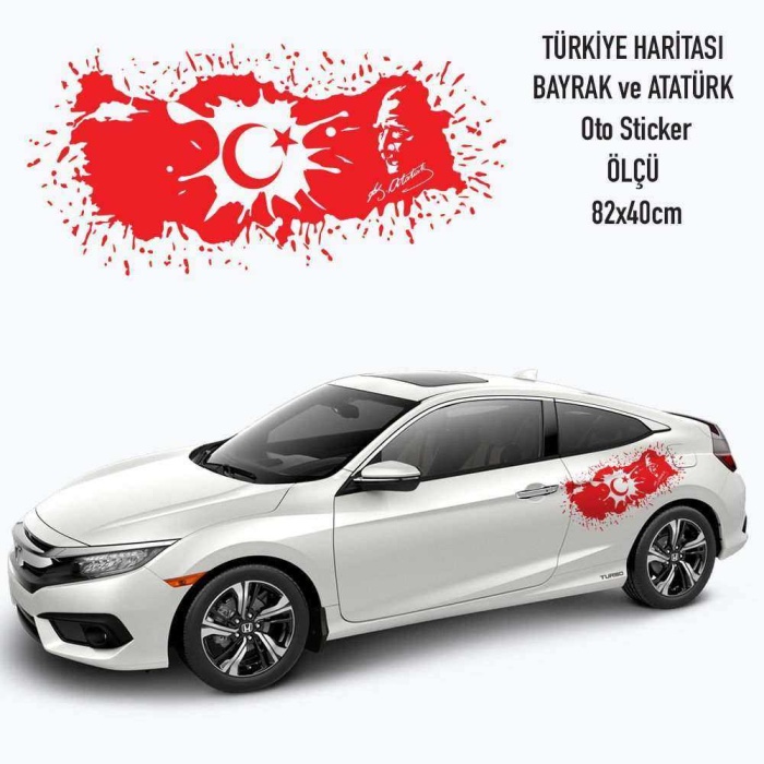 Büyük Türk Bayrağı, Atatürk Silueti, imzası ve Haritamız Oto Sticker Araba Etiketi