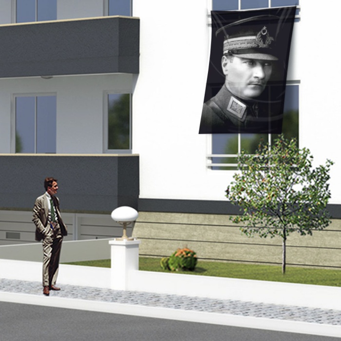 Siyah-Beyaz Askeri Üniformalı Mustafa Kemal Atatürk  Poster Bayrağı ATA44