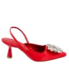 Taş Detaylı Saten Topuklu Ayakkabı Kırmızı