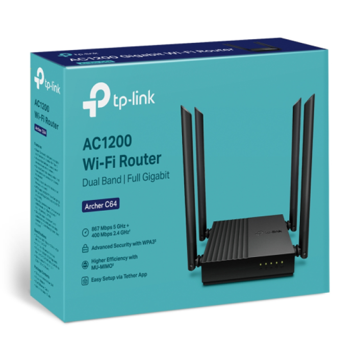 TP-LINK ARCHER C64, AC1200, 4Port, 400-867Mbps, Dual Band WiFi, Masaüstü, Gigabit, Router, Access Point