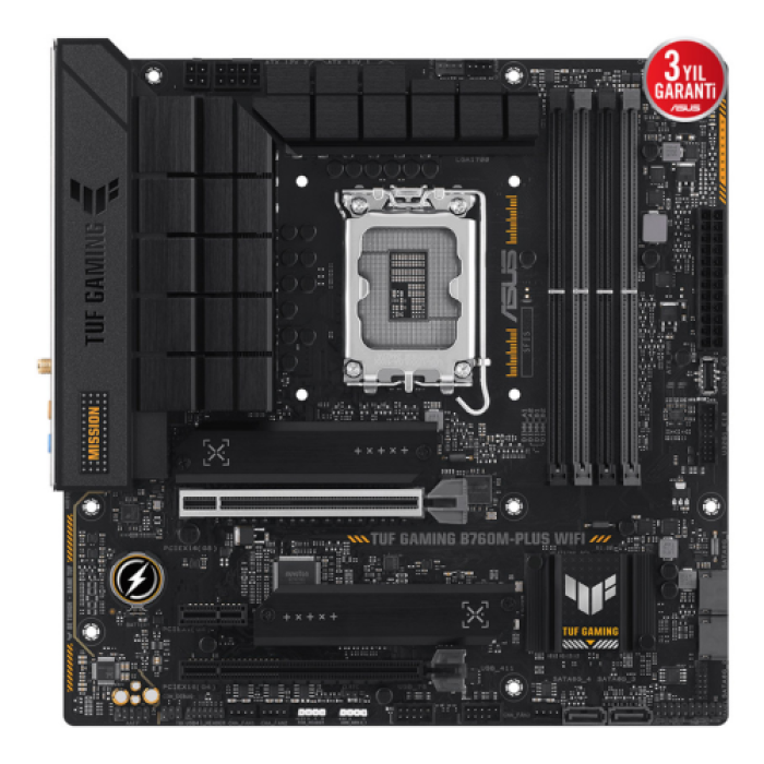 ASUS TUF GAMING B760M-PLUS WIFI, 4xDDR5, 2x M.2, HDMI, DP, Type-C, Wi-Fi 6, Bluetooth v5.2, 12-13.Nesil, LGA1700 Soket, GAMING Anakart