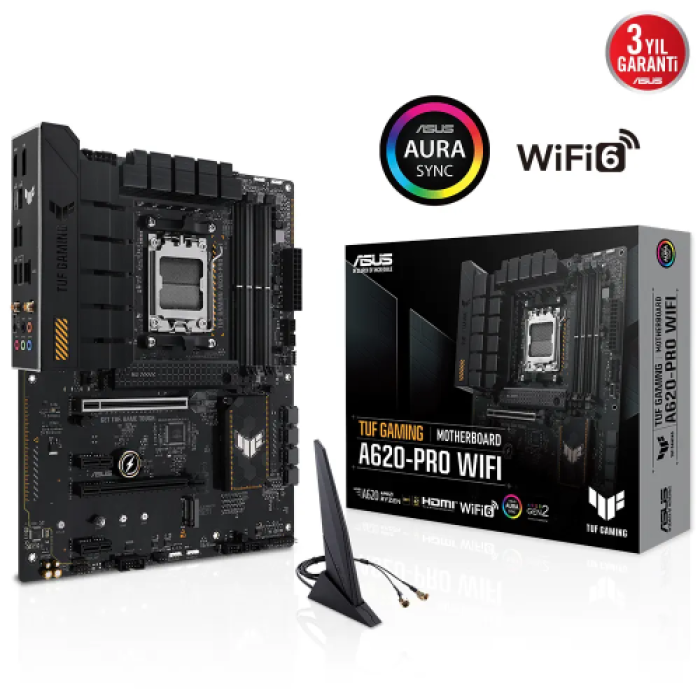 ASUS TUF GAMING A620-PRO WIFI, 4xDDR5, 2x M.2, HDMI, DP, Type-C, AMD Ryzen 7000 Serisi, AM5 Soket GAMING Anakart