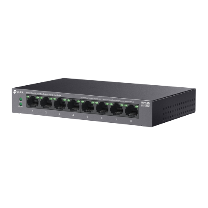 TP-LINK LS108GP, Green Tech, 8 Port GigaBit, 8 Port Poe, 62W, Yönetilemez, Metal Kasalı Switch