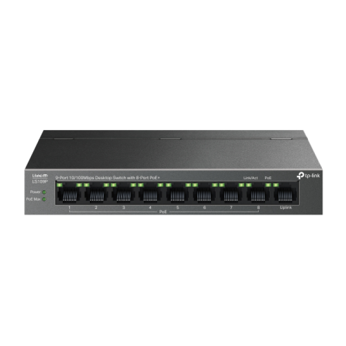 TP-LINK LS109P, Green Tech, 9 Port MegaBit, 8 Port POE, 63W, Yönetilemez, Metal Kasalı Switch