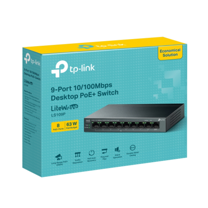 TP-LINK LS109P, Green Tech, 9 Port MegaBit, 8 Port POE, 63W, Yönetilemez, Metal Kasalı Switch