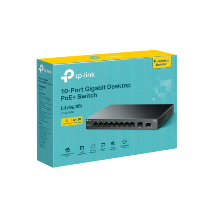 TP-LINK LS1210GP, Green Tech, 10 port Gigabit, 9 Port POE, +1 Port Gigabit SFP, 61W, Yönetilemez Masaüstü Switch