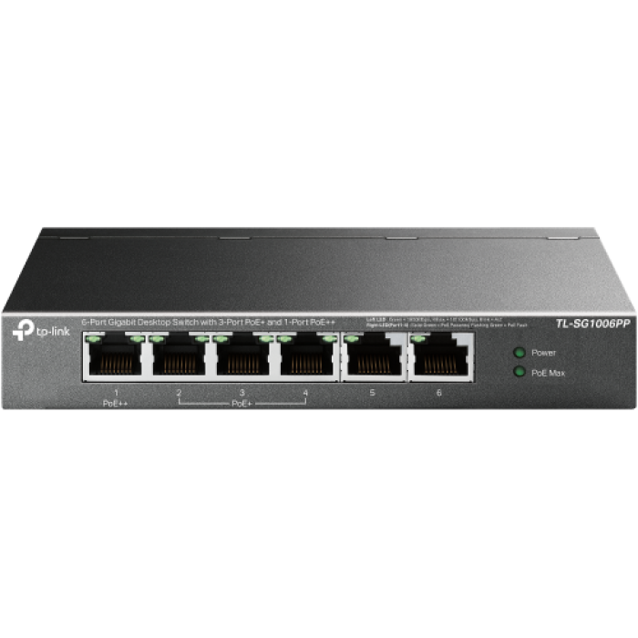 TP-LINK TL-SG1006PP 6 Port, GigaBit, Metal Kasa, 4 Port PoE, 64W, Yönetilemez, Masaüstü Switch