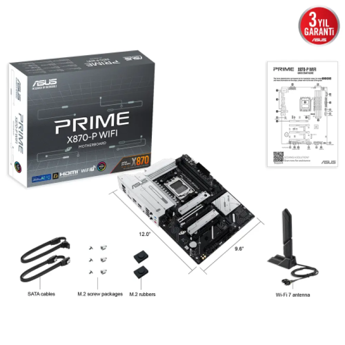 ASUS PRIME X870-P WIFI, 4xDDR5, 4xM.2, HDMI, DP, Type-C, Wi-Fi 7, Bluetooth v5.4, AMD Ryzen 9000-8000 ve 7000 Serisi, AM5 Soket Anakart