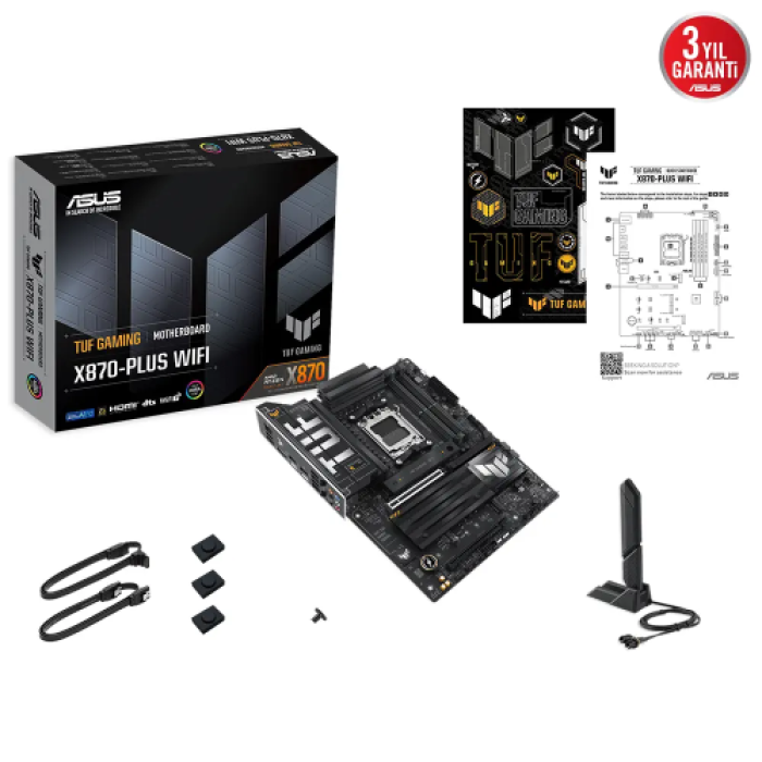 ASUS TUF GAMING X870-PLUS WIFI, 4xDDR5, 4xM.2, HDMI, DP, Type-C, Wi-Fi 7, Bluetooth v5.4, AMD Ryzen 9000-8000 ve 7000 Serisi, AM5 Soket Anakart