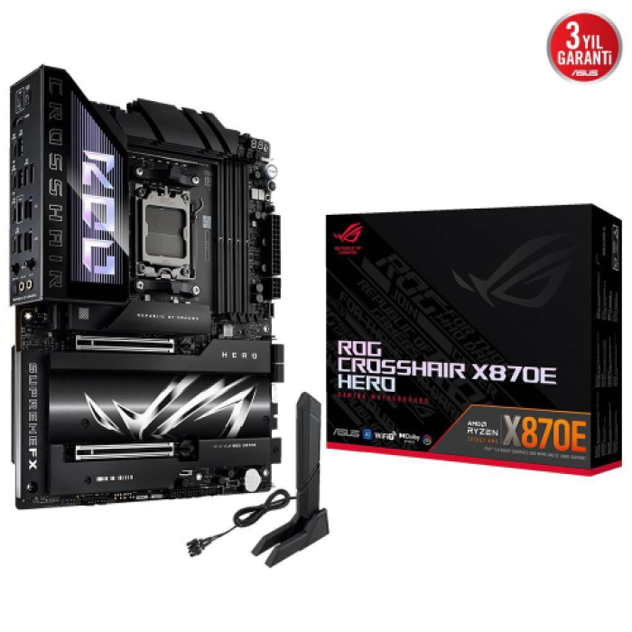 ASUS ROG CROSSHAIR X870E HERO, 4xDDR5, 5xM.2, HDMI, DP, Type-C, PCIe 5.0, 2xWi-Fi 7, Bluetooth v5.4, AMD Ryzen 9000-8000 ve 7000 Serisi, AM5 Soket Anakart