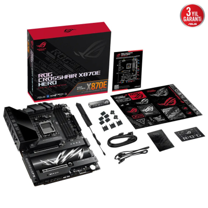 ASUS ROG CROSSHAIR X870E HERO, 4xDDR5, 5xM.2, HDMI, DP, Type-C, PCIe 5.0, 2xWi-Fi 7, Bluetooth v5.4, AMD Ryzen 9000-8000 ve 7000 Serisi, AM5 Soket Anakart