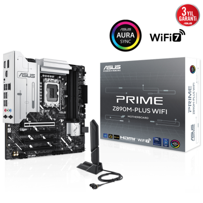 ASUS PRIME Z890M-PLUS WIFI, 7600MHz, 4xDDR5 3x M.2, HDMI, DP, Type-C, Wi-Fi 7, Bluetooth 5.4, Intel Core Ultra CPU(Seri 2), LGA1851 Soket, Gaming Anakart