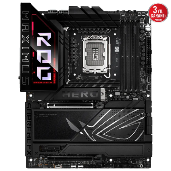 ASUS ROG MAXIMUS Z890 HERO, 8800MHz, 4xDDR5,  6x M.2, HDMI, 2xThunderbolt, 4xType-C, Wi-Fi 7, Bluetooth 5.4, Intel Core Ultra CPU(Seri 2), LGA1851 Soket, Gaming Anakart