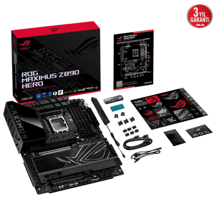 ASUS ROG MAXIMUS Z890 HERO, 8800MHz, 4xDDR5,  6x M.2, HDMI, 2xThunderbolt, 4xType-C, Wi-Fi 7, Bluetooth 5.4, Intel Core Ultra CPU(Seri 2), LGA1851 Soket, Gaming Anakart