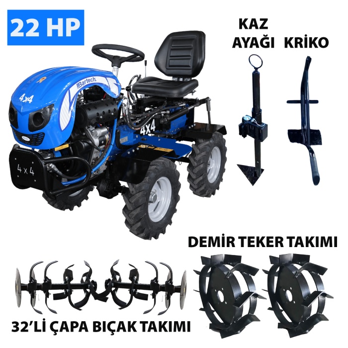 Bartech 4x4 Dizel Marşlı Mini Traktör Çapa Makinası 22 Hp