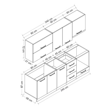 HAZIR MUTFAK 240 CM ALT ANTRA. UST BYZ(TEZGAHSIZ)