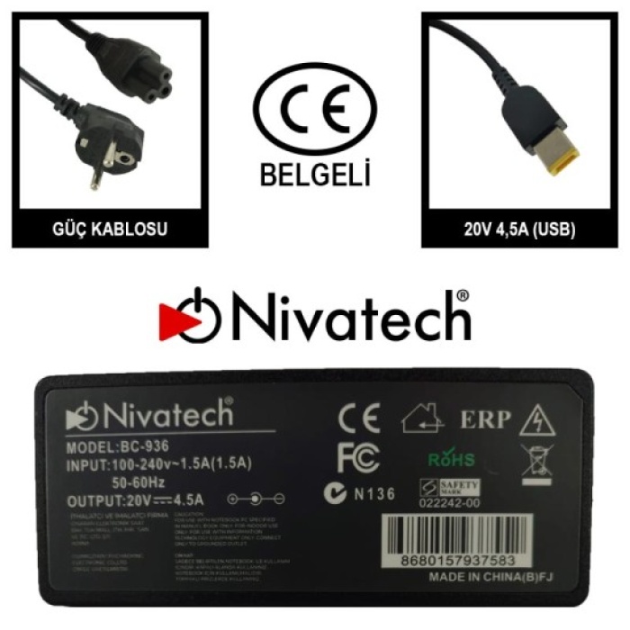 Nivatech BC-936-2   20V 4.5A 90W  USB  LENOVO Notebook Adaptör