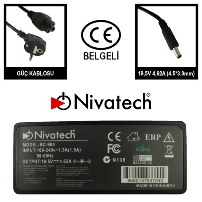 Nivatech BC-904 AC/DC LAPTOP POWER SUPPLY 19,5V 4,62A (4,5*3,0mm) DELL NOTEBOOK ADAPTÖR ŞARJ CİHAZI