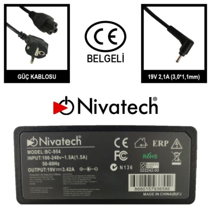 Nivatech BC-954   19V 3.42A  65W 3.0* 1.1 Casper, Grundig, Samsung Notebook Adaptör