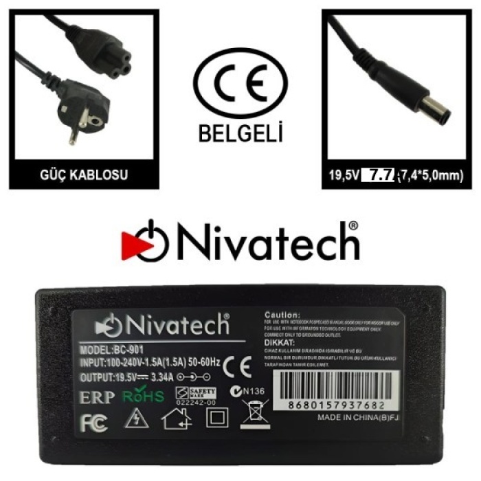 Nivatech BC-911   19.5V  7.7A  150W  7.4*5.0mm HP iğne Notebook Adaptör