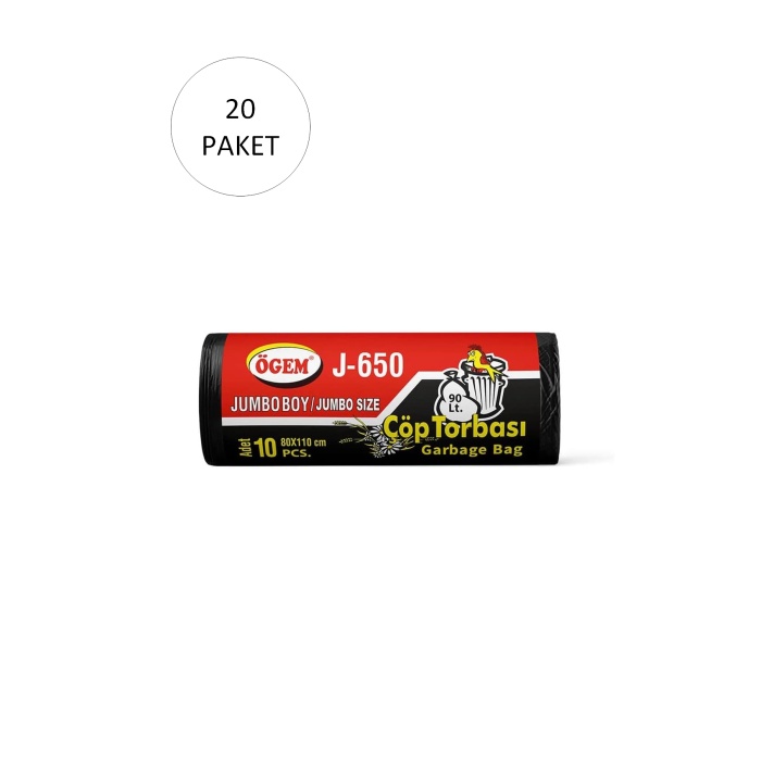 J-500 Jumbo Boy Çöp Torbası 80 x 110 cm 10 Lu Rulo x 20 Paket = 200 Adet (Siyah)