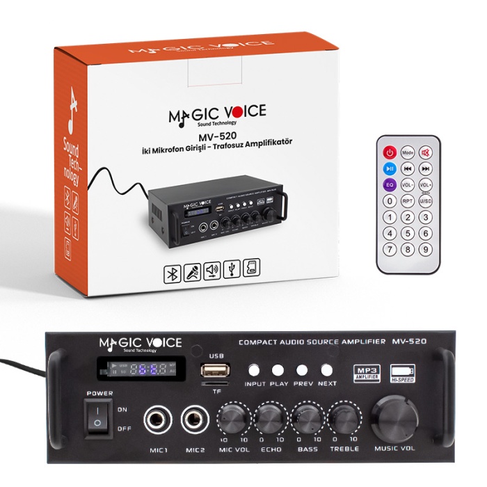 MAGICVOICE MV-520 30W USB/SD/UK BLUETOOTH EKO-2 MİK.TDA 7377 Lİ *2 GİRİŞ,UK LI 220/12V TRAFOSUZ ANFİ (81) (K0)