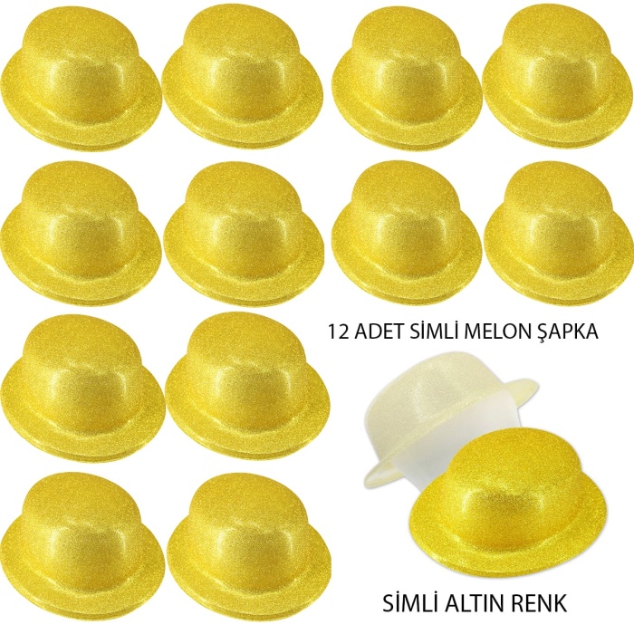 Altın Renk Simli Melon Yuvarlak Parti Şapkası 12 Adet (K0)